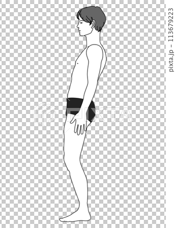 骨盆後傾 一位姿勢不良的日本男性的插圖，其骨盆向後傾斜，下背部拱起 全身側向側面 113679223