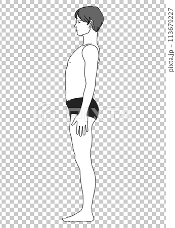 Anterior pelvic tilt Illustration of a Japanese man with a bad posture due to his pelvis tilting forward Full body sideways Profile 113679227