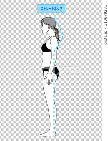直頸 由於智慧型手機頸部,頭部向前傾斜的不良姿勢 日本女性站立的插圖 全身側向側面 直頸 由於智慧型手機頸部,頭部向前傾斜的不良姿勢 日本女性站立的插圖 全身側向側面 113679231