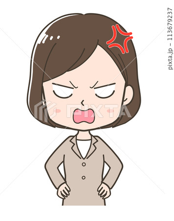 激怒するビジネスウーマンの上半身イラスト 113679237