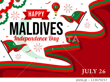 Happy Maldives Independence Day Vector Illustration on 26 July with Maldivian Wavy Flag and Ribbon in Flat Cartoon Background Design Happy Maldives Independence Day Vector Illustration on 26 July with Maldivian Wavy Flag and Ribbon in Flat Cartoon Background Design 113679257