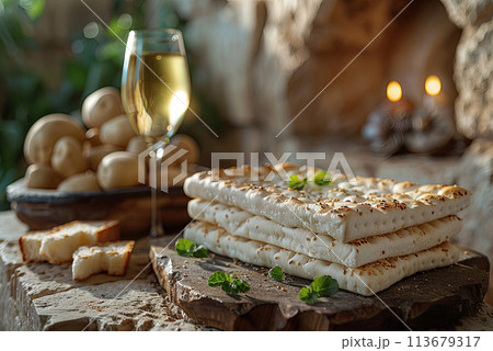 Traditional passover seder festive table with matzah and wine 113679317