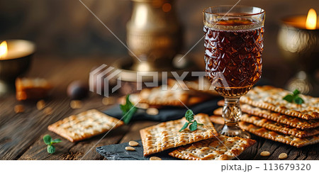 Festive table bound for a traditional Passover seder with a cup of Elijah the Prophet and matzoh 113679320