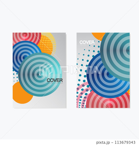 Colorful brochure design template. Vector illustration with circles, halftone and line style 113679343