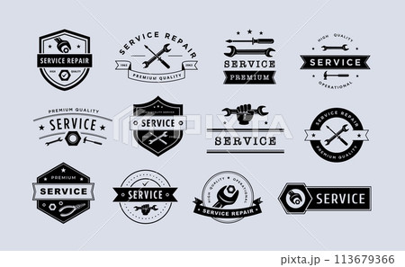 Repair service emblem. Vintage mechanic badges and workshop labels, maintenance company templates vector set 113679366