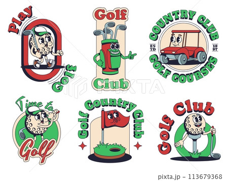 Cartoon Golf mascot print templates. Golf club emblems with ball, bag, cart and hole with flag stickers vector set 113679368