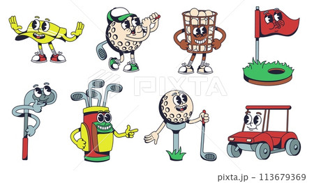 Golf mascot. Ball with club, golf cart, hole with flag stick 1930s cartoon style characters vector illustration set 113679369