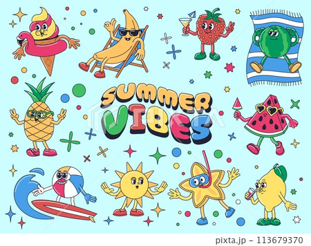 Cartoon summer vibes. Ice cream mascot, vacation fruits characters for seasonal party marketing or invitations design vector illustration set 113679370