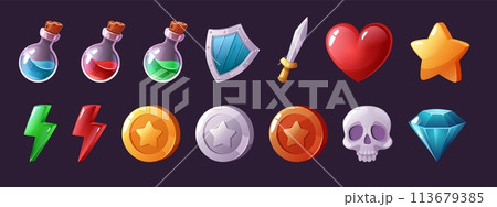 Cartoon game icons. Potion vials and magic elixirs, health heart and power lightning bolt, coins and diamond isolated vector illustration set 113679385