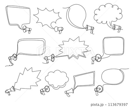 Continuous one line megaphone frame. Speech bubble with loudspeaker, marketing announcement template and bullhorn promo Continuous one line megaphone frame. Speech bubble with loudspeaker, marketing announcement template and bullhorn promo 113679397