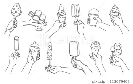 Hand with ice cream. Continuous one line hand holding cones, popsicles and sundaes ice creams vector illustration set with editable stroke paths 113679402