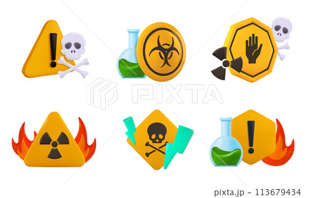Hazard 3D signs. Biohazard and radiation warning, caution symbols with skull, toxic, nuclear, flammable and chemical hazard icons. Safety alert vector set 113679434