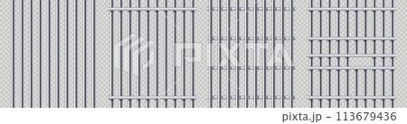Prison bars. Metal jail security grid, detention steel barrier and protection door vector illustration set Prison bars. Metal jail security grid, detention steel barrier and protection door vector illustration set 113679436