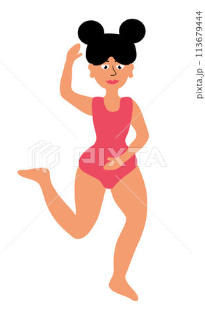 Body positive concept. Plus size Woman standing in pose yoga. Girl in pink swimsuit. Cartoon flat vector illustration. 113679444
