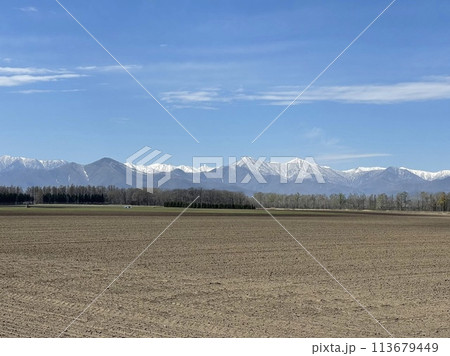 春の畑から望む日高山脈 113679449