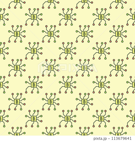 Computer Chip with Bitcoin sign vector Cryptocurrency colored seamless pattern 113679641