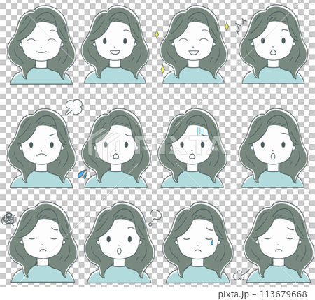Cute female face expression selection Cute female face expression selection 113679668