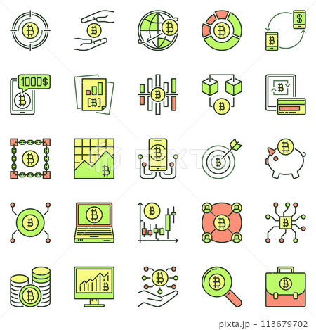 Bitcoin and Cryptocurrency colored icons set. Crypto Technology vector concept signs 113679702
