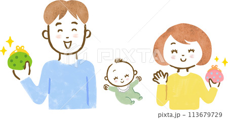お金が入って喜ぶ赤ちゃんがいる家族の上半身手描きイラスト 113679729