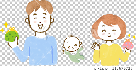 お金が入って喜ぶ赤ちゃんがいる家族の上半身手描きイラスト 113679729