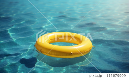 yellow swimming pool ring float in blue water 113679909