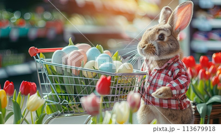 Easter bunny pushing cart with tulips and Easter eggs in the shopping center 113679918