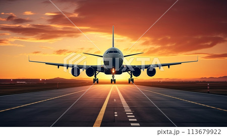 A Large airliner takes off from the airport runway A Large airliner takes off from the airport runway 113679922