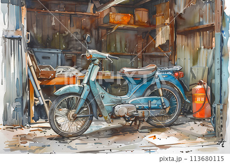 1970年代の原動機付きバイクのある風景（水彩画）のイラスト素材