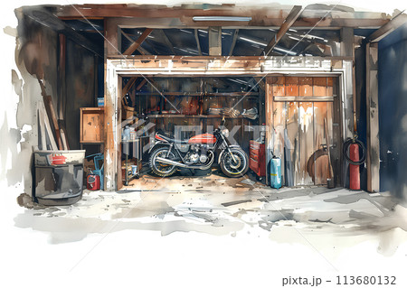 1970年代のビンテージバイクのある風景（水彩画） 113680132