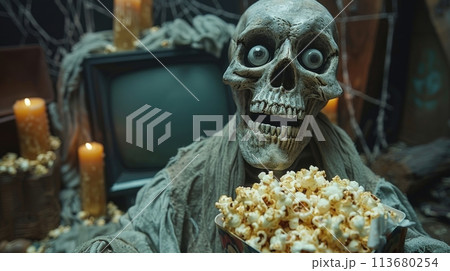 skeleton with popcorn watching TV skeleton with popcorn watching TV 113680254