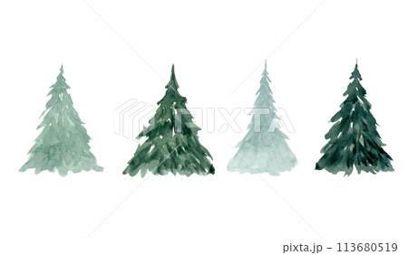Fir trees sketches and silhouettes in simple style watercolor illustration set for Christmas and New Year designs or winter holidays horizontal banner and landscapes 113680519
