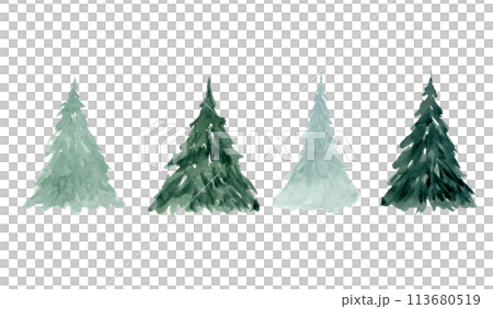 Fir trees sketches and silhouettes in simple style watercolor illustration set for Christmas and New Year designs or winter holidays horizontal banner and landscapes 113680519