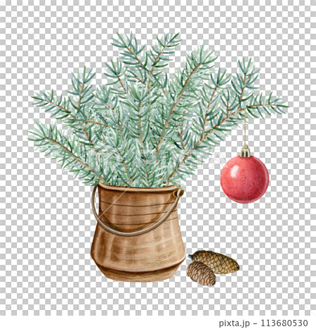 Fir branches with red Christmas ball ornament and pine cones in metal pot watercolor illustration isolated on white background. Hand drawn green spruce tree with hanging decoration for winter holidays Fir branches with red Christmas ball ornament and pine cones in metal pot watercolor illustration isolated on white background. Hand drawn green spruce tree with hanging decoration for winter holidays 113680530
