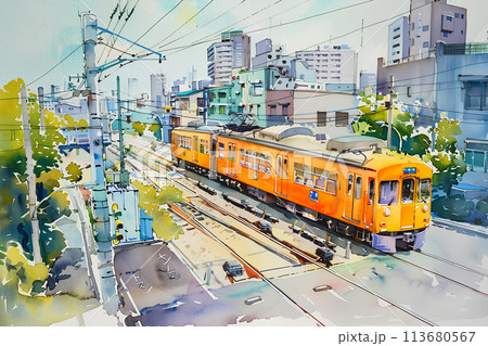 街中を走る電車の風景（水彩画） 113680567