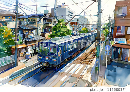 街中を走る電車の風景（水彩画） 113680574