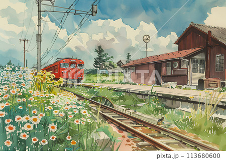 田園地帯を走る電車の風景（水彩画） 113680600