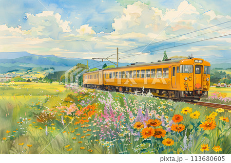田園地帯を走る電車の風景（水彩画）のイラスト素材 [113680605] - PIXTA