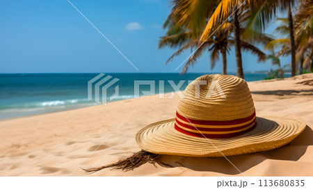 砂浜に置かれた麦わら帽子と熱帯のビーチ 砂浜に置かれた麦わら帽子と熱帯のビーチ 113680835