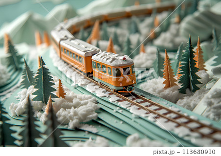 冬の山岳地帯を走る電車の風景（ジオラマ風） 113680910