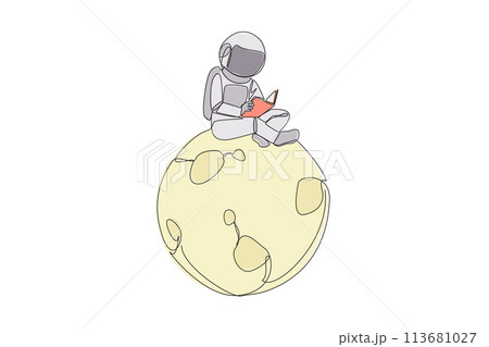 Continuous one line drawing astronaut sitting on the moon reading scientific book. Read note on several places on the moon that must be surveyed. Book fest. Single line draw design vector illustration Continuous one line drawing astronaut sitting on the moon reading scientific book. Read note on several places on the moon that must be surveyed. Book fest. Single line draw design vector illustration 113681027