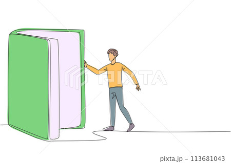 Continuous one line drawing man open the book-shaped door. Books can open mind and see everywhere. Increase knowledge about the wider world. Book festival. Single line draw design vector illustration 113681043