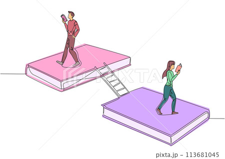 Continuous one line drawing man woman walking on books. Book exhibition concept. Display many books, from scientific books to fiction story books. Book festival. Single line design vector illustration Continuous one line drawing man woman walking on books. Book exhibition concept. Display many books, from scientific books to fiction story books. Book festival. Single line design vector illustration 113681045