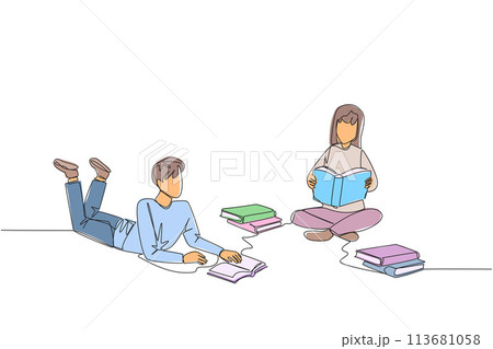Continuous one line drawing man sit down and put reading book on feet. Interesting to read the complete geographic map. Eliminate curiosity. Book festival. Single line draw design vector illustration 113681058