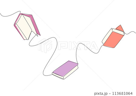 Single continuous line drawing books floating in space. Scientists explain that floating is caused by the loss of the earth's gravitational effect. Book festival. One line design vector illustration Single continuous line drawing books floating in space. Scientists explain that floating is caused by the loss of the earth's gravitational effect. Book festival. One line design vector illustration 113681064
