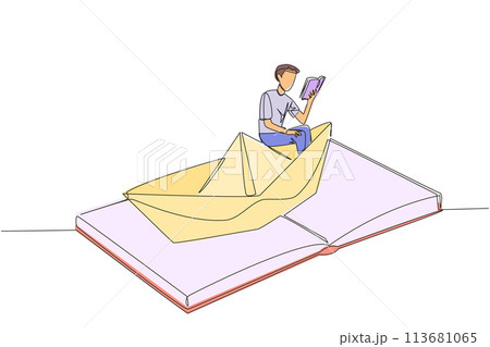 Continuous one line drawing man reading a book on a paper boat. Maintain the good habits. The metaphor of reading can explore oceans. Book festival concept. Single line draw design vector illustration Continuous one line drawing man reading a book on a paper boat. Maintain the good habits. The metaphor of reading can explore oceans. Book festival concept. Single line draw design vector illustration 113681065