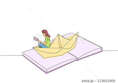 Single one line drawing woman reading a book on a paper boat. Maintain the good habits. The metaphor of reading can explore oceans. Book festival concept. Continuous line design graphic illustration Single one line drawing woman reading a book on a paper boat. Maintain the good habits. The metaphor of reading can explore oceans. Book festival concept. Continuous line design graphic illustration 113681069