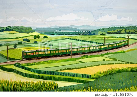 田園地帯を走る電車の風景(ジオラマ風) 田園地帯を走る電車の風景(ジオラマ風) 113681076