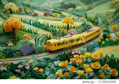 田園地帯を走る電車の風景(ジオラマ風) 田園地帯を走る電車の風景(ジオラマ風) 113681089