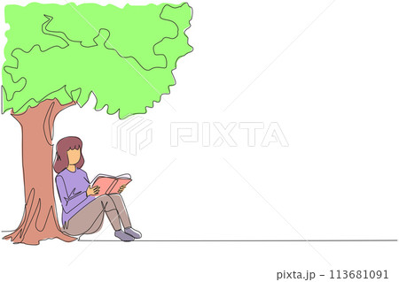Single one line drawing woman sitting reading a book under shady tree. Continuing the second volume of the fiction story book. Enjoy reading. Book festival. Continuous line design graphic illustration Single one line drawing woman sitting reading a book under shady tree. Continuing the second volume of the fiction story book. Enjoy reading. Book festival. Continuous line design graphic illustration 113681091