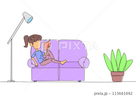 Continuous one line drawing girl sitting stretched out on the sofa reading a book. Really like the content of the book reading on each page. Impressive. Single line draw design vector illustration Continuous one line drawing girl sitting stretched out on the sofa reading a book. Really like the content of the book reading on each page. Impressive. Single line draw design vector illustration 113681092